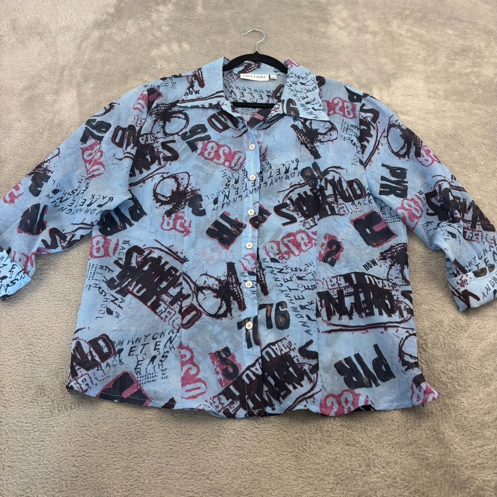 Gina Laura Sheer Artsy Graffiti Button Up Shirt Womens L Blue Pink‎ Abstract